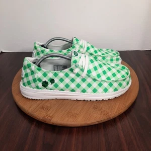 Hey Dude Wendy Womens 8 Shoes Shamrock Green White Gingham Slip On Loafers NEW - Picture 1 of 10