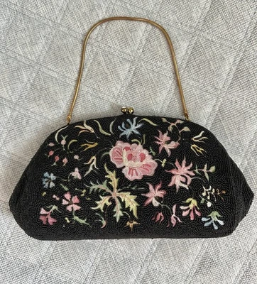 Bolso de noche sin asas bordado Bélgica negro como nuevo usado en excelente estado vintage años 50 con cuentas a mano Foto 1 de 4