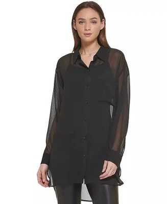 NWT DKNY WOMEN'S BUTTON-DOWN CHIFFON BLACK SHIRT XLARGE  - Image 1 of 4