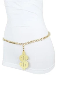Women Gold Metal Chain Link US Dollar Money $ Charm Hip High Hip Hop Belt M L XL - Picture 1 of 12