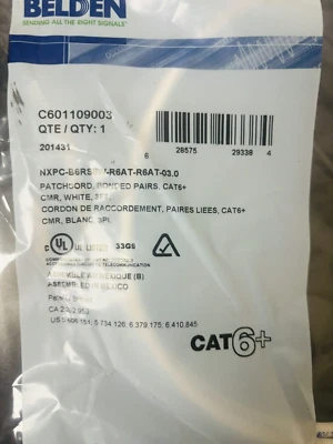 C601109003 (Belden)Cat 6+ Patch Cord, CMR Bonded Pair, 3 FT, White - Image 1 of 3