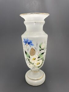 Vtg frosted bristol Blown glass vase. hand painted blue flowers.