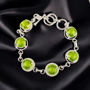 Natural Peridot Gemstone Chain Bracelet 925 Sterling Silver Jewelry For Girls - Picture 1 of 8