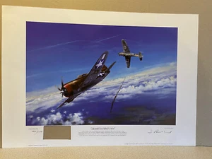Oberst Hubert Zemke LUFTFAHRTKUNSTDRUCK P-47 v ME109 von Gunther Rall BESCHÄDIGT - Bild 1 von 4