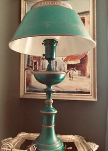 Antique Victorian Colonial Green Enamel TOLE METAL Light TOLEWARE Lamp - Picture 1 of 5