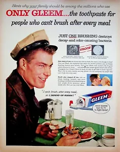 Publicidad impresa de pasta de dientes Gleem 1956 cera rebelde algodón motocicleta tapa comedor en carretera - Imagen 1 de 1
