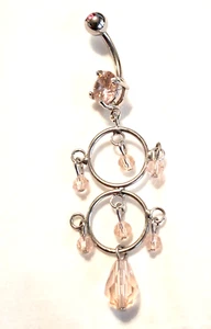 Belly Ring Vintage Pink Gems/Crystals Dangle Naval Steel  - Picture 1 of 3