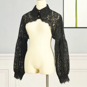 Donna Solido Pizzo Falso Colletto Crop Top Manica Lunga Forato Mezza Maglia Moda - Foto 1 di 14