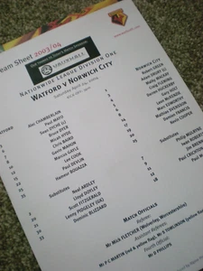 WATFORD v NORWICH CITY, 24th APRIL 2004, OFFICIAL TEAM SHEET, MINT CONDITION. - Picture 1 of 1