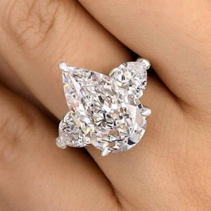 8Ct Lab Created Sapphire Pear Cut Three Stone Wedding Ring 14k White Gold Finish - Picture 1 of 12