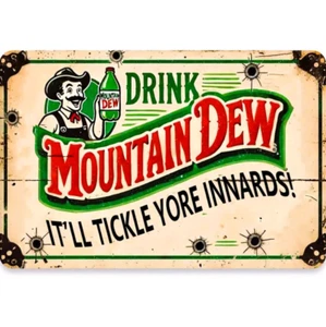 Vintage Style Mountain Dew Metal Sign Beige, 12" x 8" Classic Soda Tin Sign - Picture 1 of 2