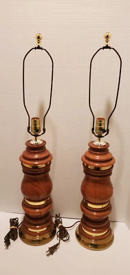 Set of 2, Mid-centry Vintage Wooden W/Brass Accent Collars, Large Table Lamps - Image 1 of 4