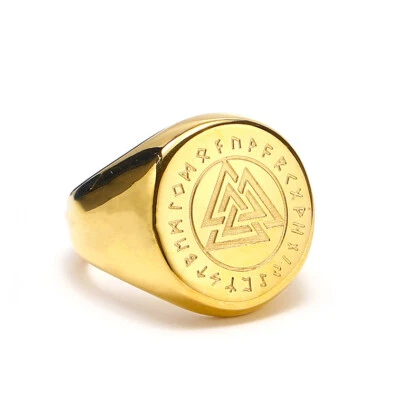 Gold Plated Vintage Nordic Viking Valknut Ring Stainless Steel Men's Biker Ring - Image 1 of 2