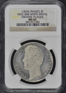 1824 ESSAI FRANCE 5F Maz-868 NGC MS65 White Metal Obv. Plaque - Picture 1 of 3