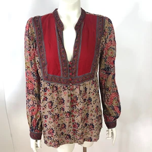 Lucky Brand Large Smock Peasant All Over Print BOHO Button Blouse Brown Red MINT - Picture 1 of 12