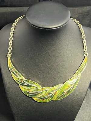 Enamel Leaf Leaves Bib Statement Necklace Gold Tone Green Red Holiday Christmas - Image 1 of 4