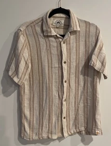 Free Planet Beige Tan Stripe Polo Button Shirt 100% Cotton Good Times Sunny Days - Picture 1 of 2