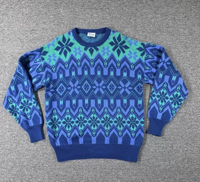 Suéter Vintage Meister Para Hombre XL Azul Verde Tejido Geométrico Cuello Redondo Pullover Años 80 Foto 1 de 4