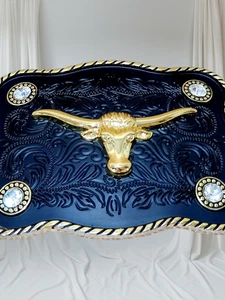 Schwarz Gold Lang Horn Cuernos Gürtelschnalle Hebilla Mexicana Vaquero Charro Rodeo - Bild 1 von 6