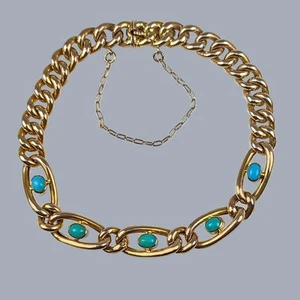 Victorian 9ct Yellow Gold Turquoise Bracelet Antique Curb Link 10g Safety Chain - Picture 1 of 7