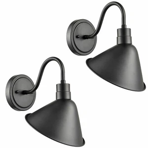 Set of 2 Industrial Gooseneck Wall Sconces Antique Black Barn Light - Picture 1 of 9