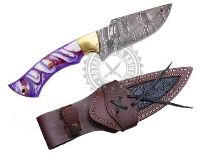 CUSTOM HAND MADE DAMASCUS STEEL BOB CAT KNIFE WITH STYLISH PURPLE RESIN HANDLE - Image 1 of 4