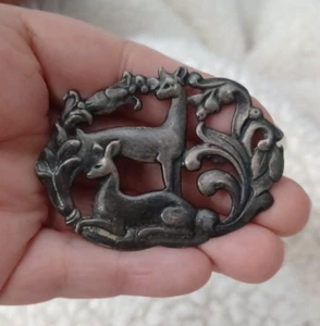 Vintage Nouveau Two Deer Pair Scrolling Foliage Signed Sterling Silver Brooch - Picture 1 of 7
