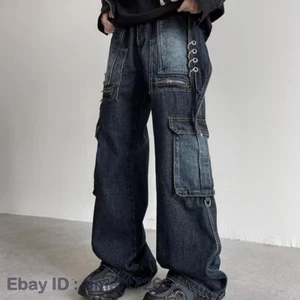 Men's Dark Blue Denim Pockets Straight Leg Casual Pants Trousers Punk Hip Hop - Picture 1 of 20