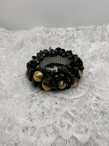 Vintage 80's Black / Gold Beaded Stretch Bracelet - Picture 1 of 12
