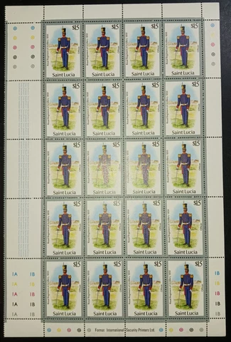 St. Lucia 1985 $15 High Value Artillery Uniform Half Sheet Mint NH CAT £180+ Cover