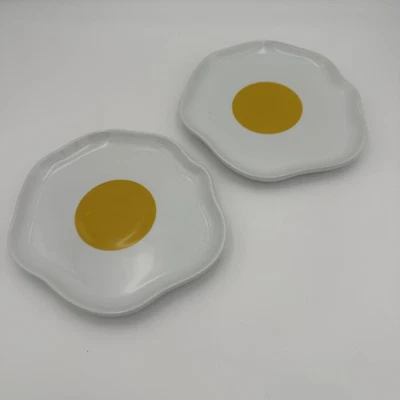 Crate & Barrel Fried Egg Plates Set Of 2 Small Ceramic Appetizer Snack Dishes - Image 1 of 4