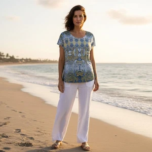 One World Live and Let Live Blue Paisley Short Sleeve Top Size L - Picture 1 of 10