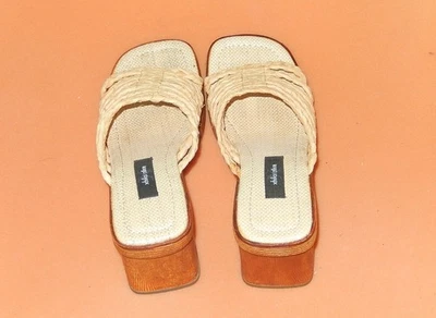 Xhilaration Open Toe Slip on Genuine Raffia Sandal Shoes Wood 3 1/2" Heel 8M New - Image 1 of 4