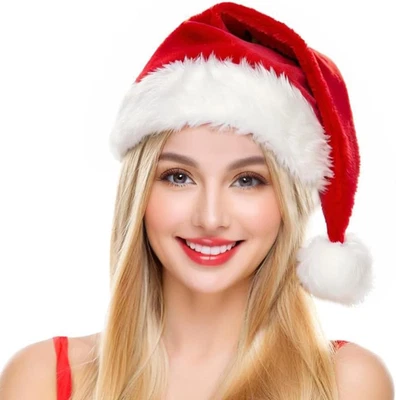 Chapéu de Natal adulto Papai Noel veludo vermelho camada dupla grossa unissex para mulheres homens - Imagem 1 de 4