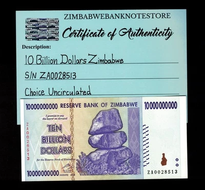 Auténtico billete de repuesto de 10 mil millones de dólares de Zimbabwe ZA 2008 UNC ZA0028513 Foto 1 de 3