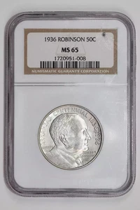 1936 ROBINSON COMMEMORATIVE HALF DOLLAR NGC MS65 - Picture 1 of 2
