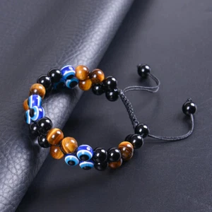 Evil Eye Natural Tiger Eye Stone Blue Double Layers Bracelet Healing Men Bangle - Picture 1 of 25