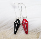 Red and Black Coffin Earrings, Mismatched Silver Tone Enamel Gothic Dangles