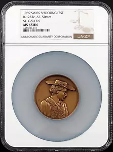 1959 Swiss Shooting Fest Medal, R-1233c, AE, 50 mm, St. Gallen, NGC MS 65 BN! - Picture 1 of 6