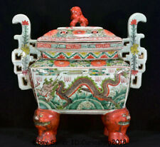 20.8" Old Chinese Wucai Porcelain Dynasty Dragon Phoenix Incense Burner Censer