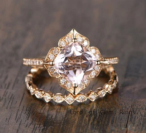 2 Ring Set! 8mm Cushion Morganite Wedding Ring 14K Yellow Gold Diamonds Band - Picture 1 of 5