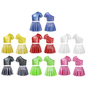 Kids Girls Dance Outfit Sequins Dancewear School Show Crop Top With Skirt Jazz - Picture 1 of 84