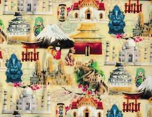 BTY Kaufman Wonders of Asia LANDMARKS Yellow Print 100% Cotton Quilt Fabric YARD - Picture 1 of 2