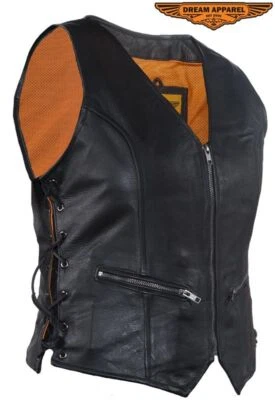 Premium Black Ladie Leather Motorcycle Biker Conceal Club Vest With Orange Inner - Image 1 of 4
