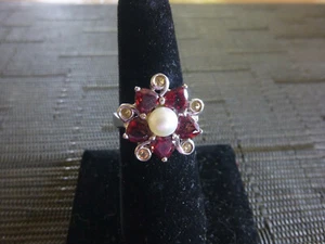 SOLID 925 STERLING SILVER RED & PINK TOURMALINE PEARL STARBURST DESIGN RING SZ 7 - Picture 1 of 3