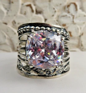 UNIQUE OR PAZ CLEAR QUARTZ AND DECORATIVE STERLING SILVER RING SZ 8 - Picture 1 of 8