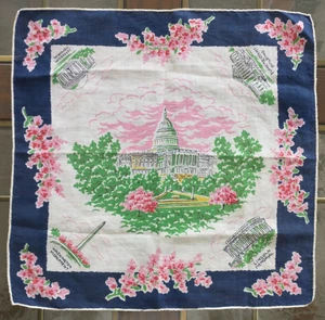 Vtg Linen Handkerchief Washington DC Souvenir Hanky Cherry Blossoms - Picture 1 of 8