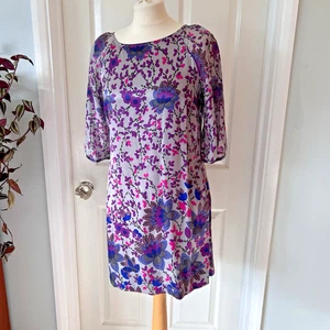 Monsoon Shift Dress Size 10 Silk Satin Purple Pink Floral Knee Length Stunning - Picture 1 of 16