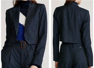 Новый $598 Polo Ralph Lauren размер 12 укороченный темно-синий шерсти в полоску блейзер куртка - Изображение 1 из 4