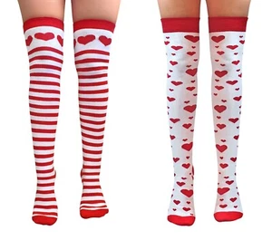 St. Valentines Day Over The Knee Socks Love Heart White & Red Themed Fancy Dress - Picture 1 of 7